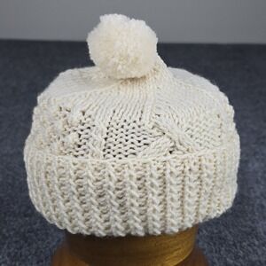 John‎ Molloy Aran Wool Pom Beanie XS Child Cream Ireland Hand Knit 100% Wool